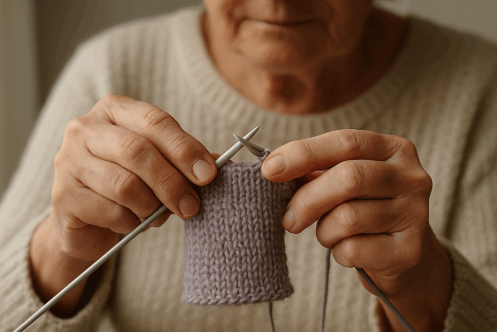 Elderly person knitting a lilac fabric swatch.