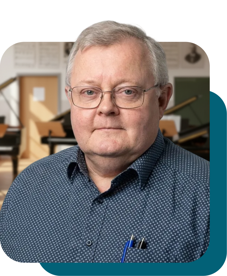 Man with glasses in music studio setting