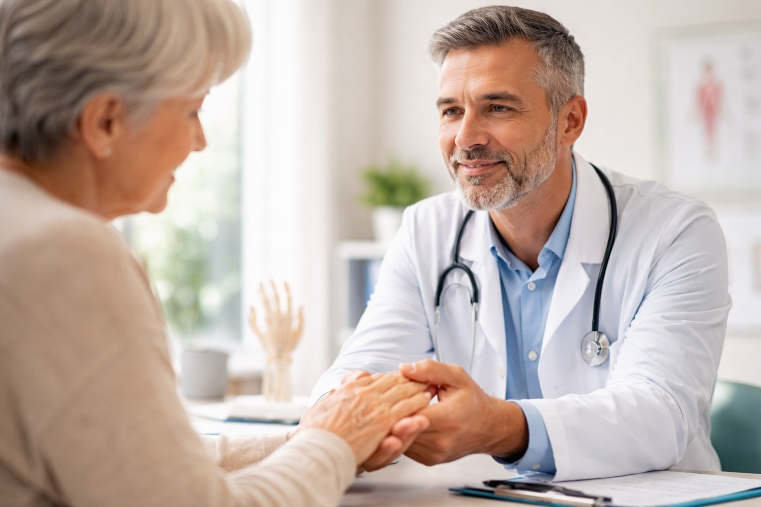 Doctor consulting with elderly patient, holding hands.
