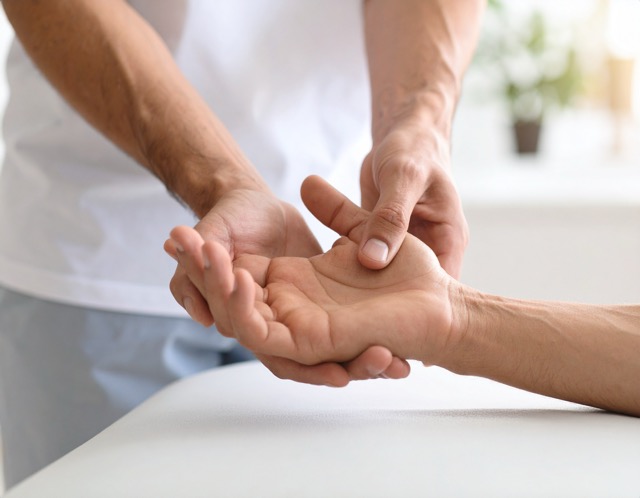 Therapist examining patient's wrist and hand.