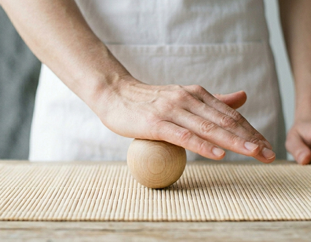 Hand pressing wooden massage ball on mat