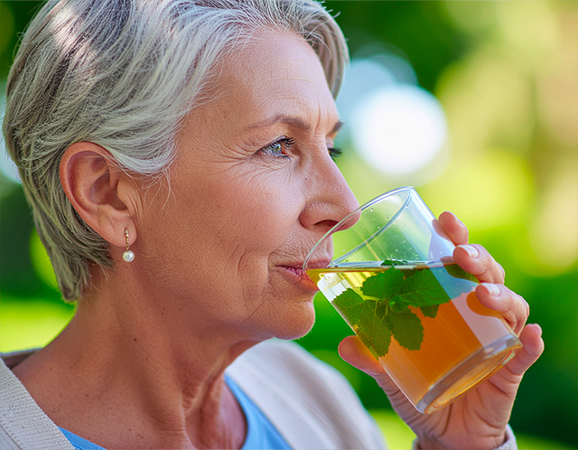 Older woman drinking herbal tea outdoors