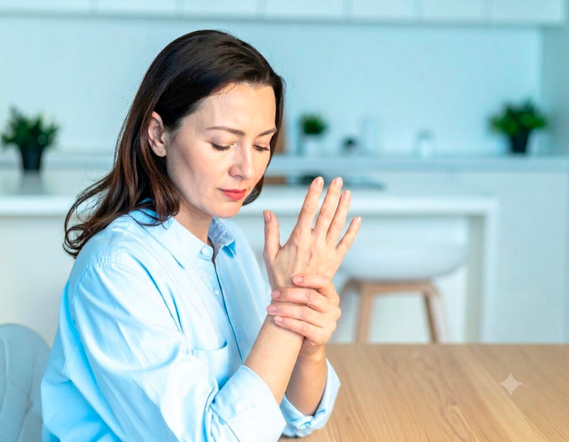 Woman holding her wrist in discomfort at table