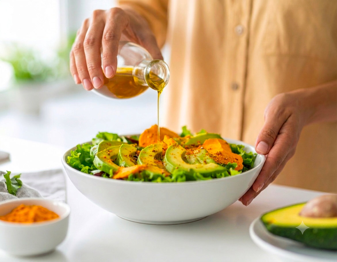 Pouring olive oil over avocado and salad bowl