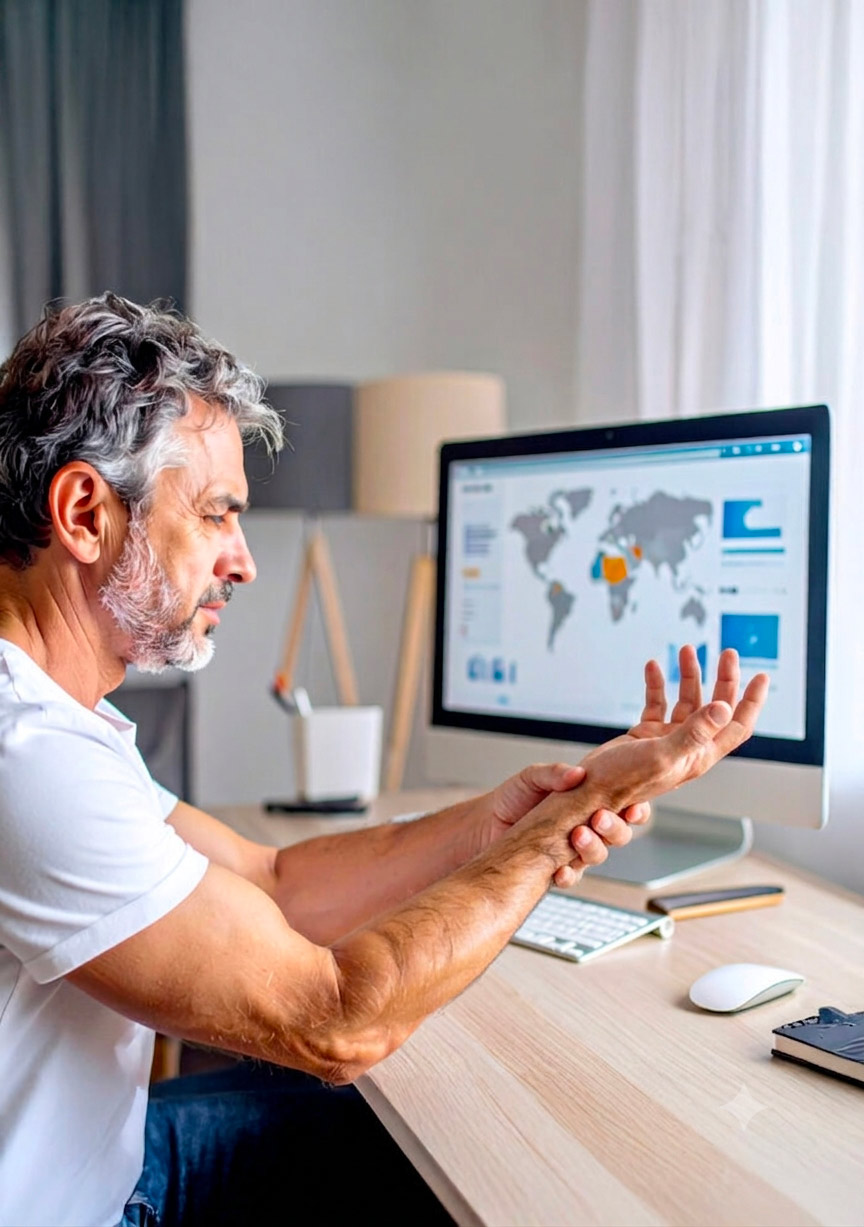 Man holding sore wrist at computer desk
