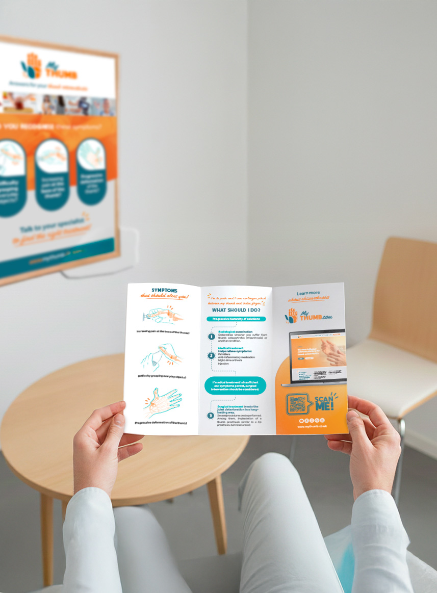 Patient reading thumb arthritis leaflet in clinic waiting room