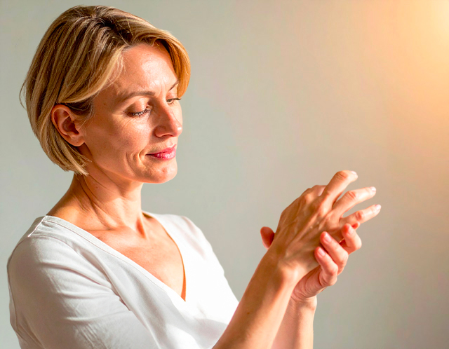 Woman massaging her hand indoors