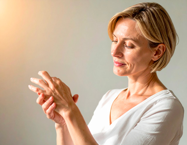 Woman applying moisturiser to her hands indoors