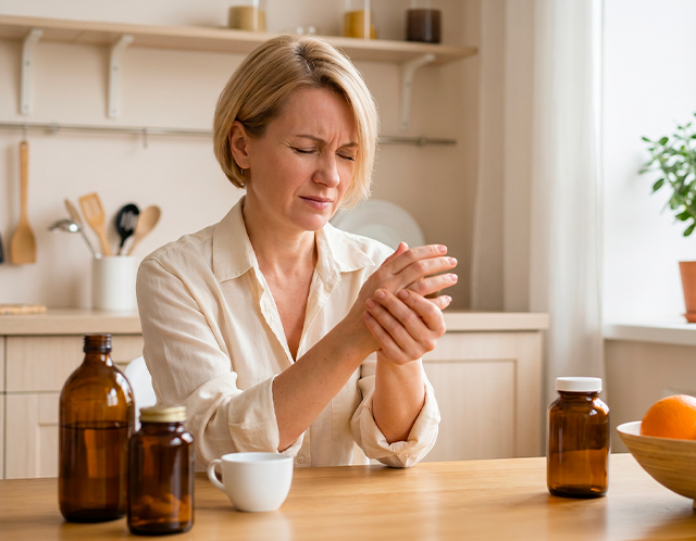 Woman holding wrist in pain at kitchen table